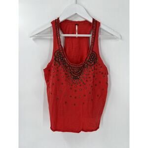 Free People Tank Blouse Womens Small Red Beaded Studded Sleeveless Scoop Neck